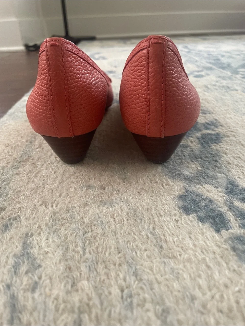 Tory Burch Coral Pink Leather Logo Peep-Toe Wedge